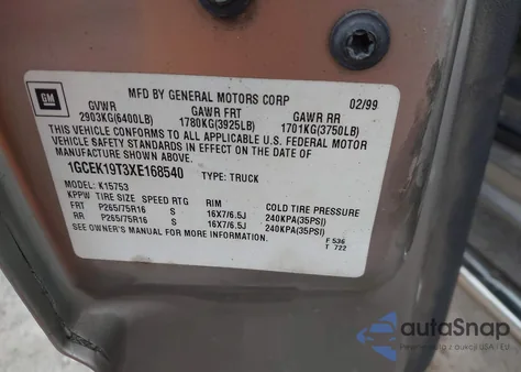 1999 Chevrolet Silverado 1500 Ls z USA, uszkodzony, nr VIN 1GCEK19T3XE168540